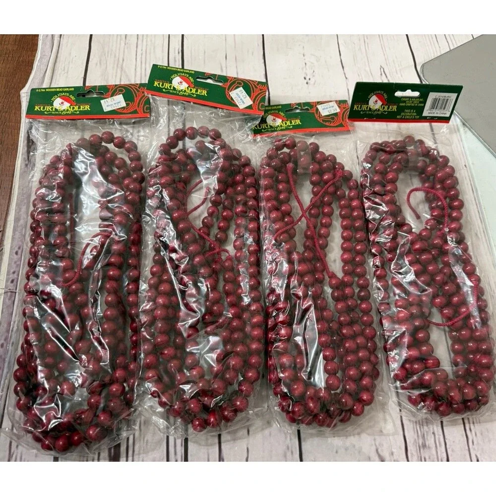 Kurt Adler 9' Foot Burgundy Wooden Bead Garland Christmas Holiday Decor X 4